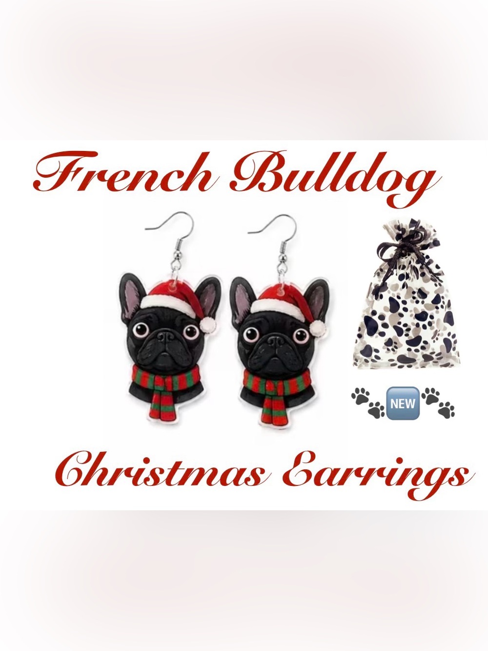 French Bulldog Christmas Earrings - Festive Black & Red Dog Charm
